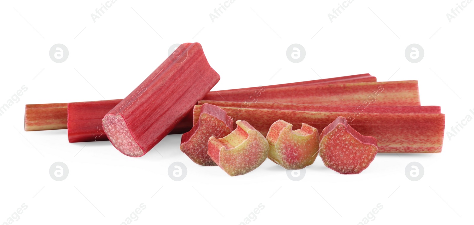 Photo of Cut fresh ripe rhubarb isolated on white