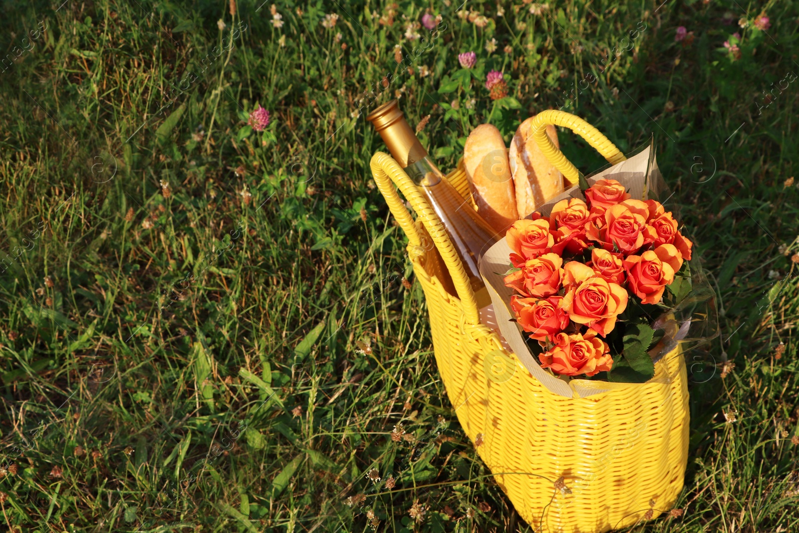 Photo of Yellow wicker bag with beautiful roses, bottle of wine and baguettes on green grass outdoors. Space for text