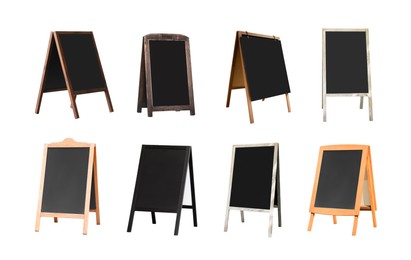 Image of Set with blank advertising A-boards on white background. Mockup for design