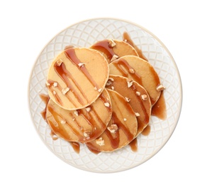 Photo of Plate with delicious pancakes on white background