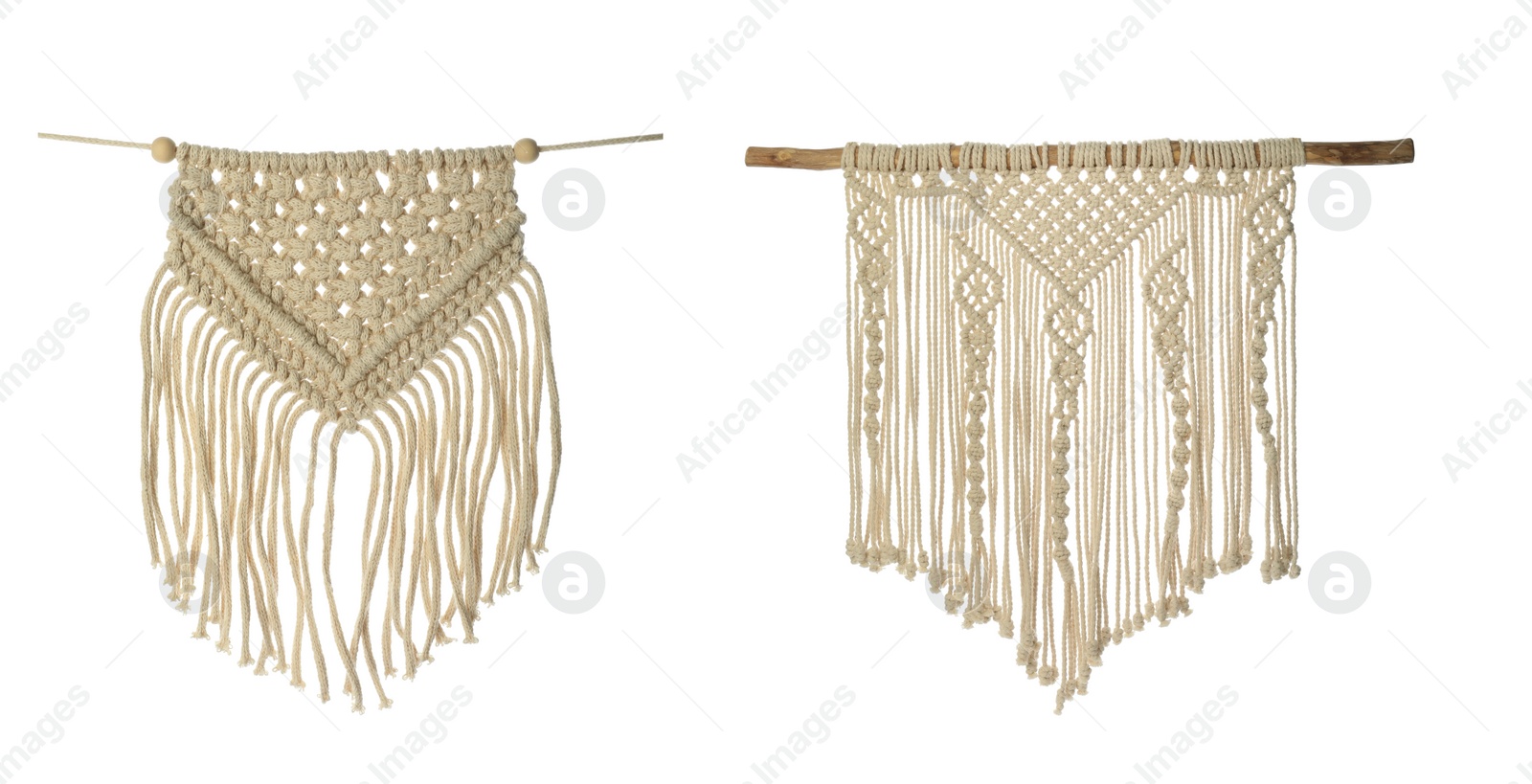 Image of beautiful macrame on white background, collage. Decorative elements