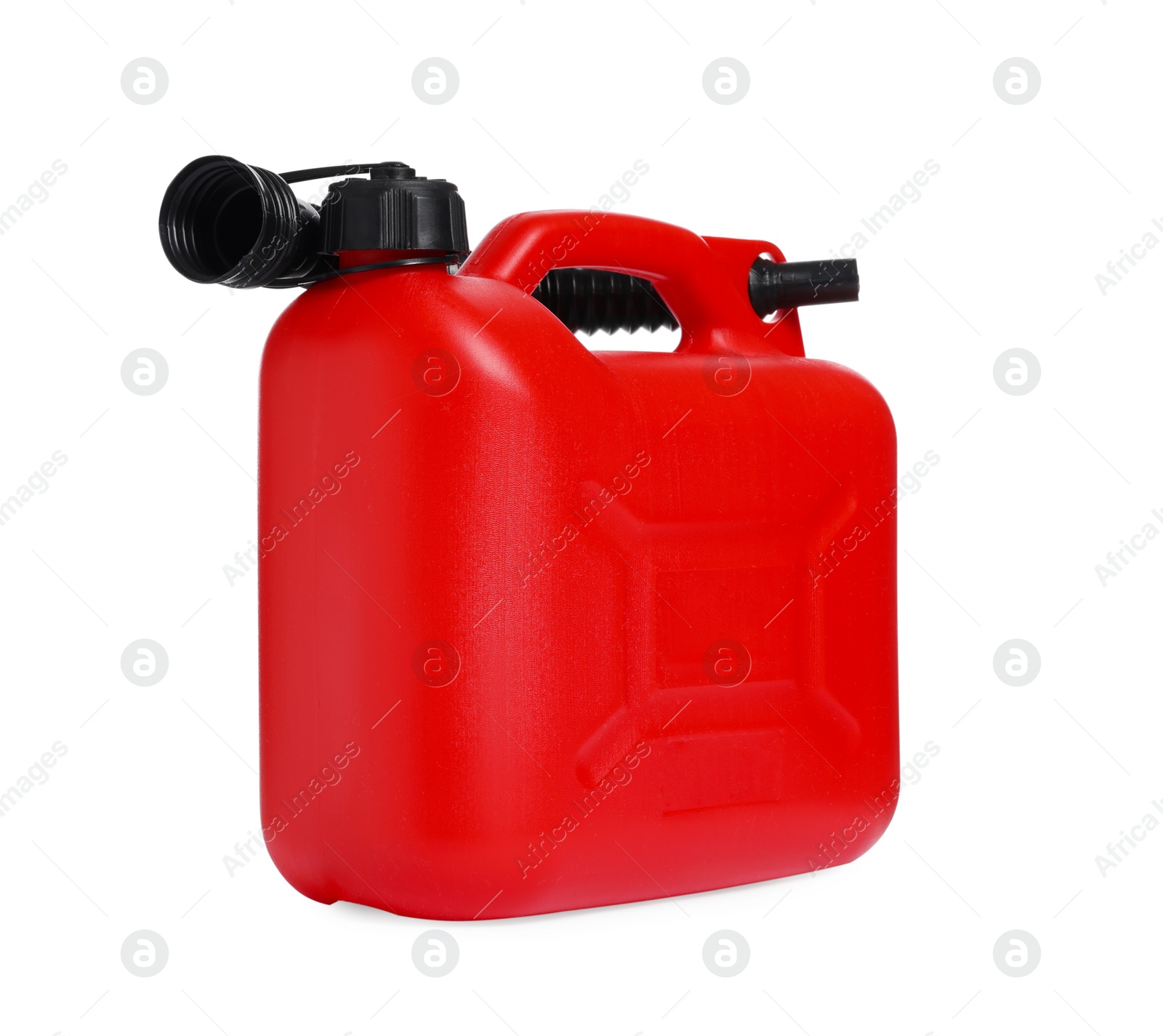 Photo of New red plastic canister isolated on white