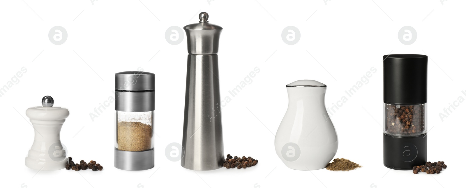 Image of Set with different pepper shakers on white background. Banner design