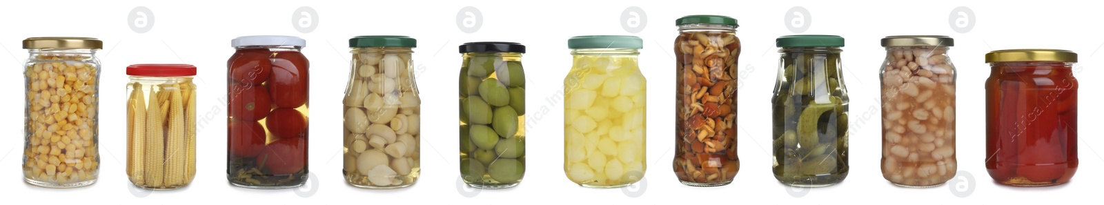 Image of Set of different jars with pickled vegetables and mushrooms on white background. Banner design