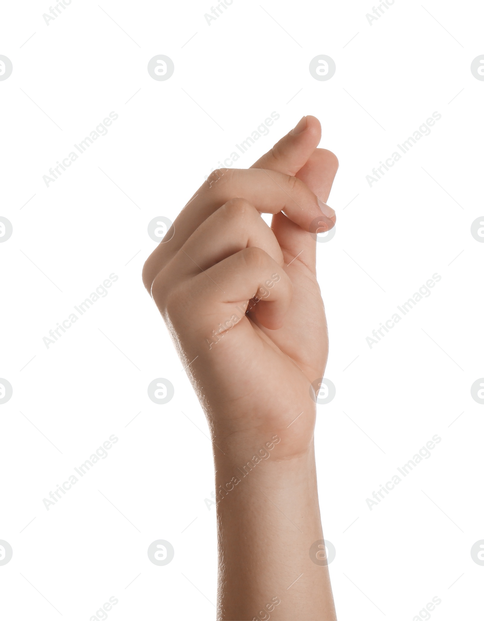 Photo of Teenage boy rubbing fingers on white background, closeup