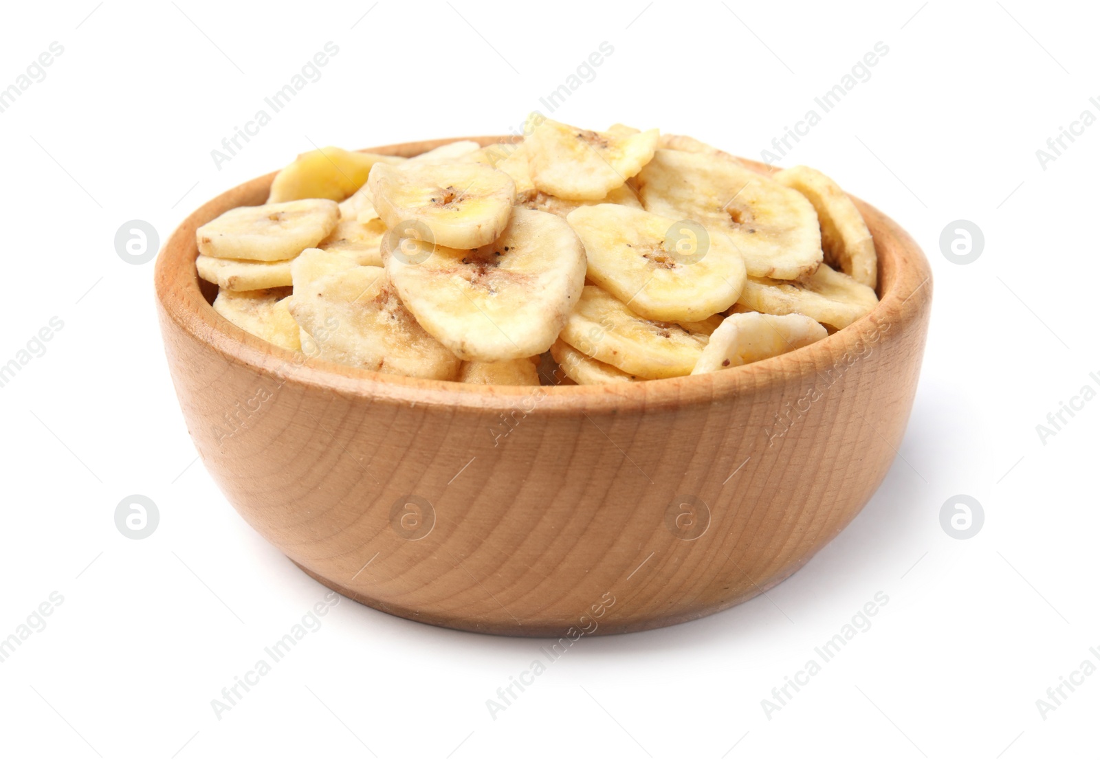 Photo of Wooden bowl with sweet banana slices on white background. Dried fruit as healthy snack