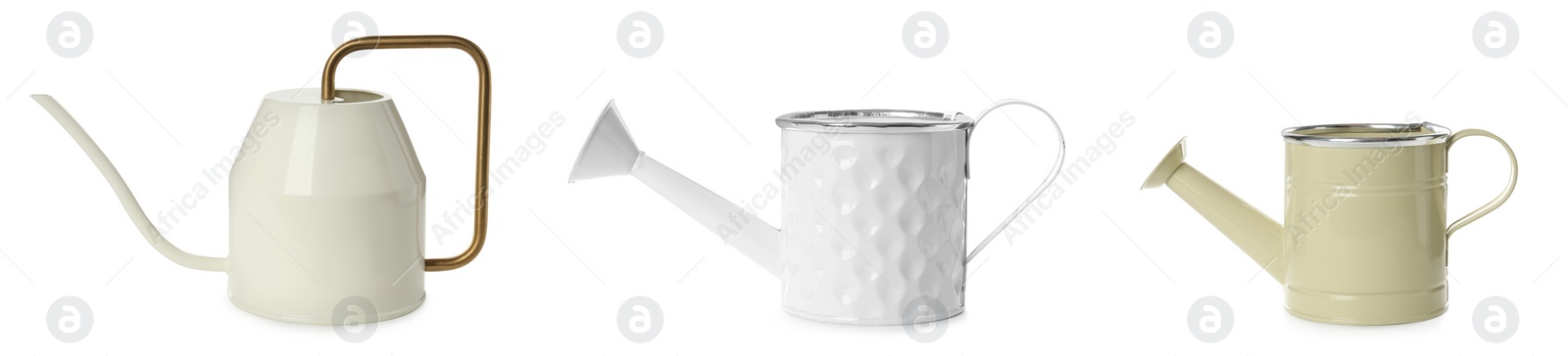 Image of Set with different watering cans on white background. Banner design