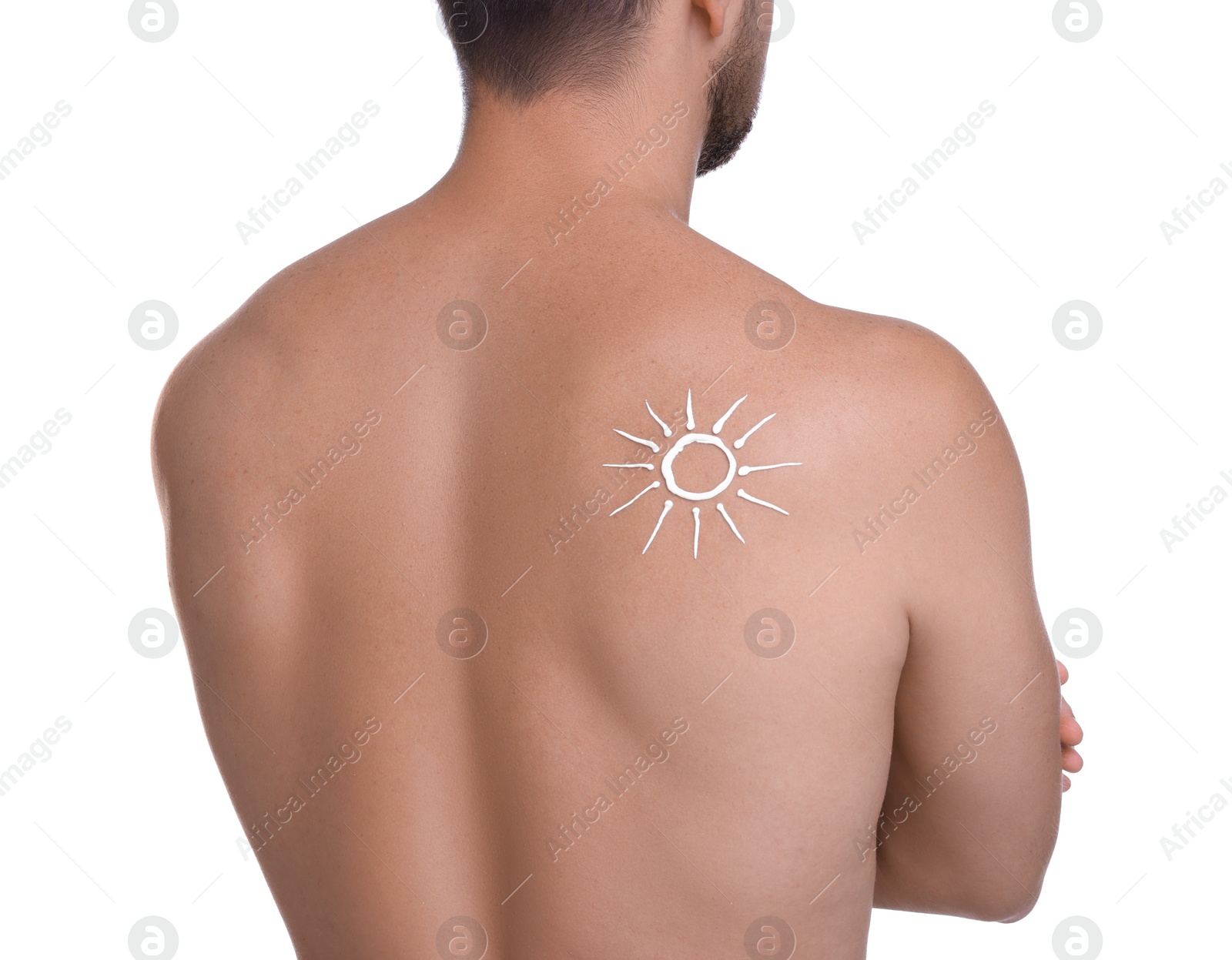 Photo of Man with sun protection cream on his back against white background, closeup