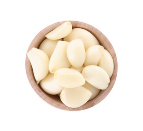 Photo of Peeled cloves of fresh garlic in bowl isolated on white, top view