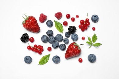 Photo of Mix of fresh berries on white background, flat lay