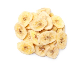 Photo of Heap of sweet banana slices on white background, top view. Dried fruit as healthy snack