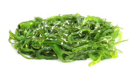 Delicious fresh seaweed salad on white background