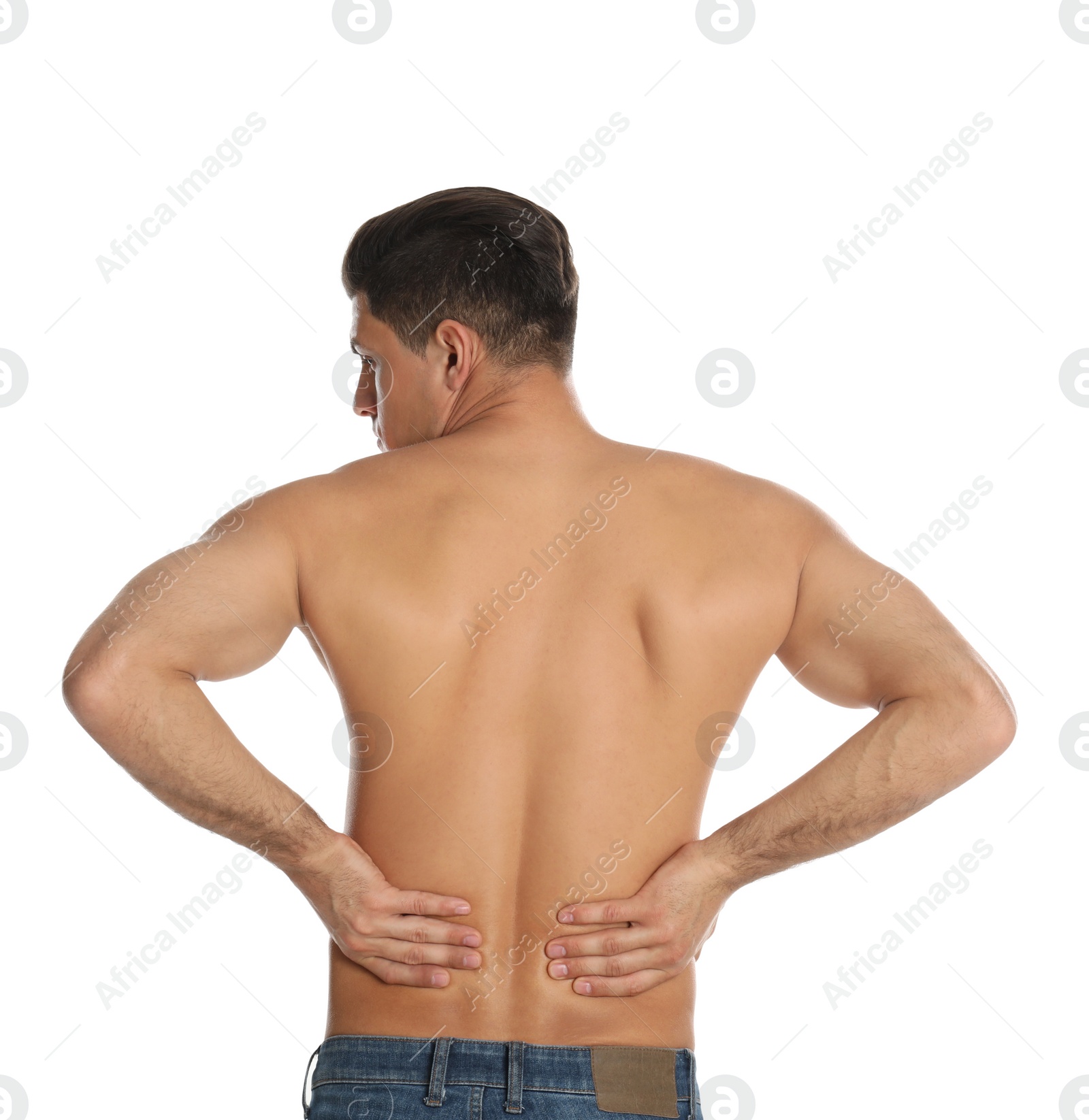 Photo of Man suffering from lower back pain on white background. Visiting orthopedist