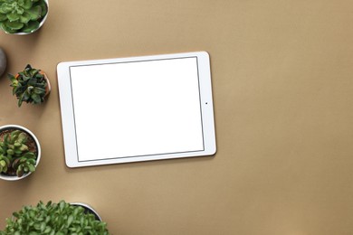 Modern tablet and houseplants on dark beige background, flat lay. Space for text