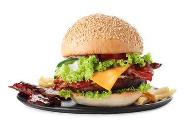 Tasty burger with bacon on white background