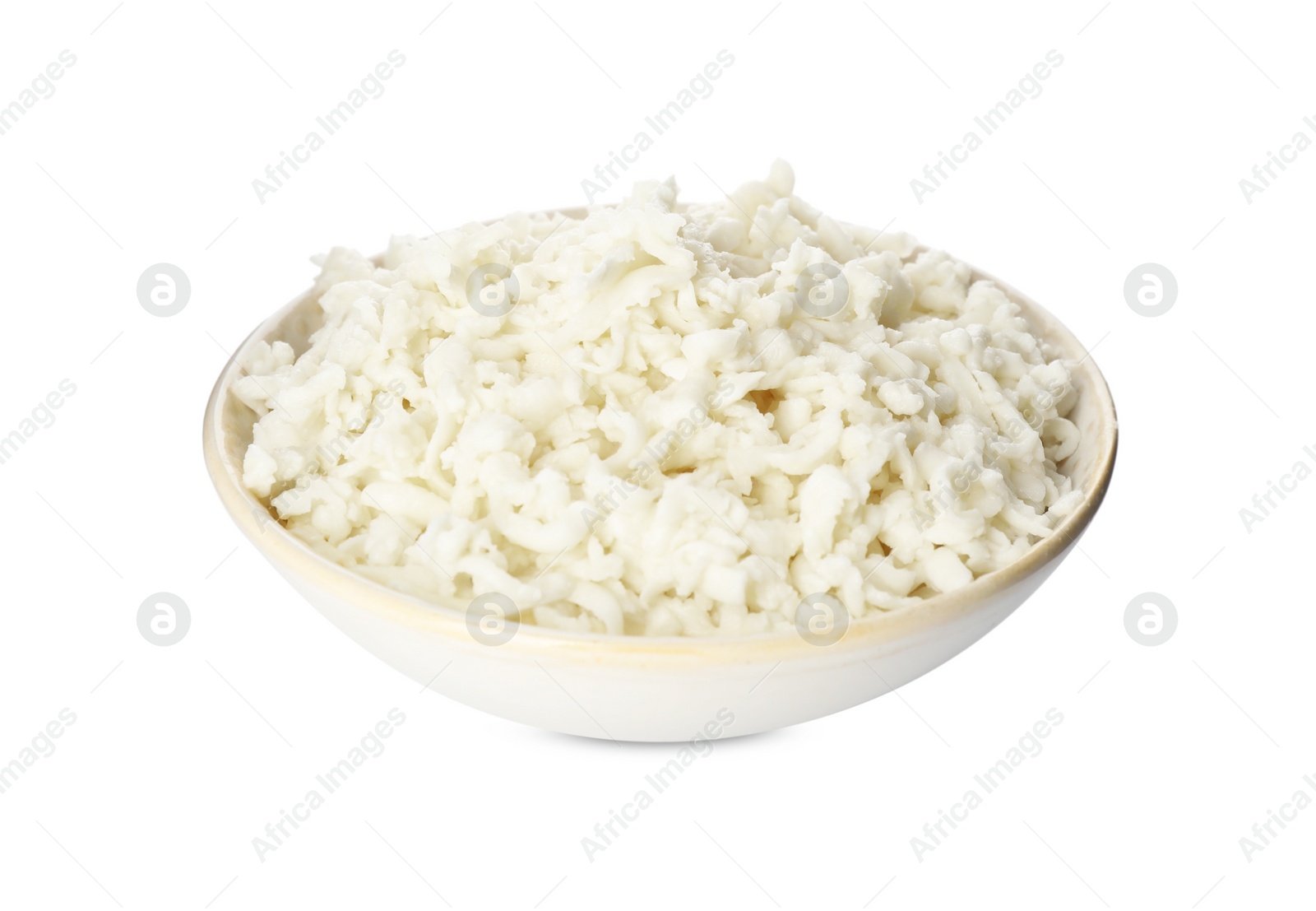 Photo of Bowl with delicious mozzarella cheese on white background