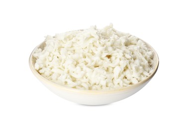 Bowl with delicious mozzarella cheese on white background