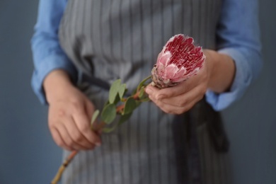 Photo of Female florist holding beautiful flower on color background, closeup