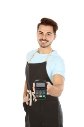 Waiter with terminal for contactless payment on white background