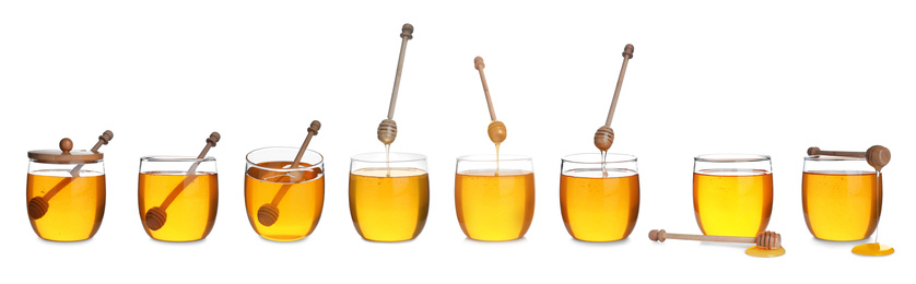 Image of Set of organic delicious honey on white background. Banner design 