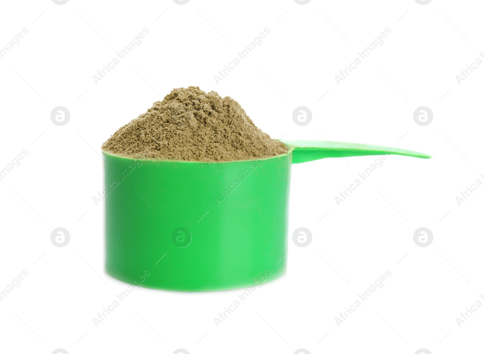 Photo of Scoop with hemp protein powder on white background