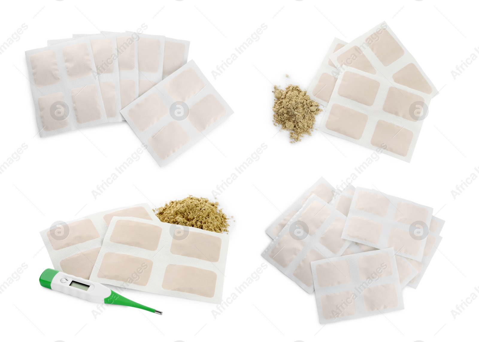 Image of Set with mustard plasters on white background