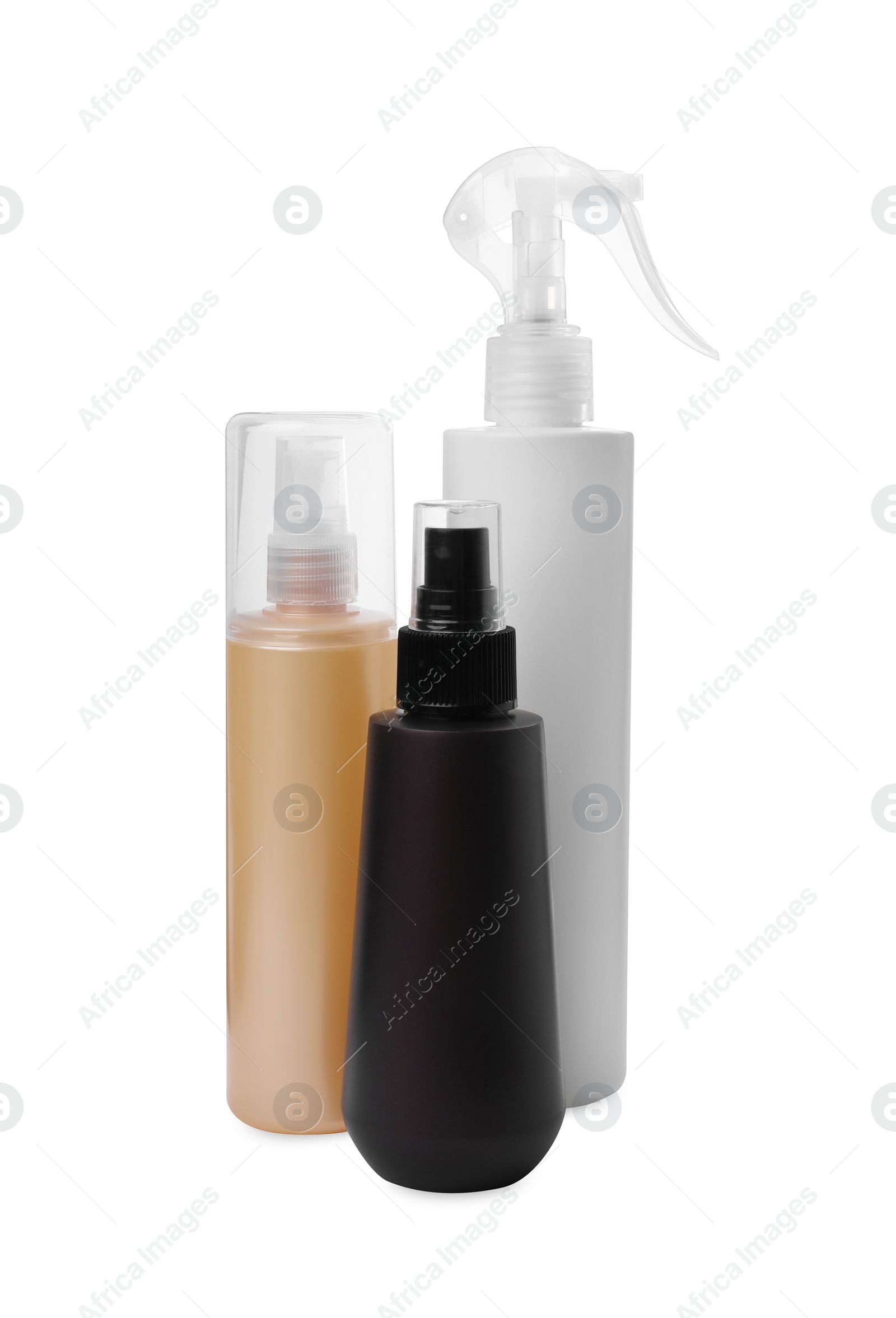 Photo of Spray bottles with hair thermal protection isolated on white