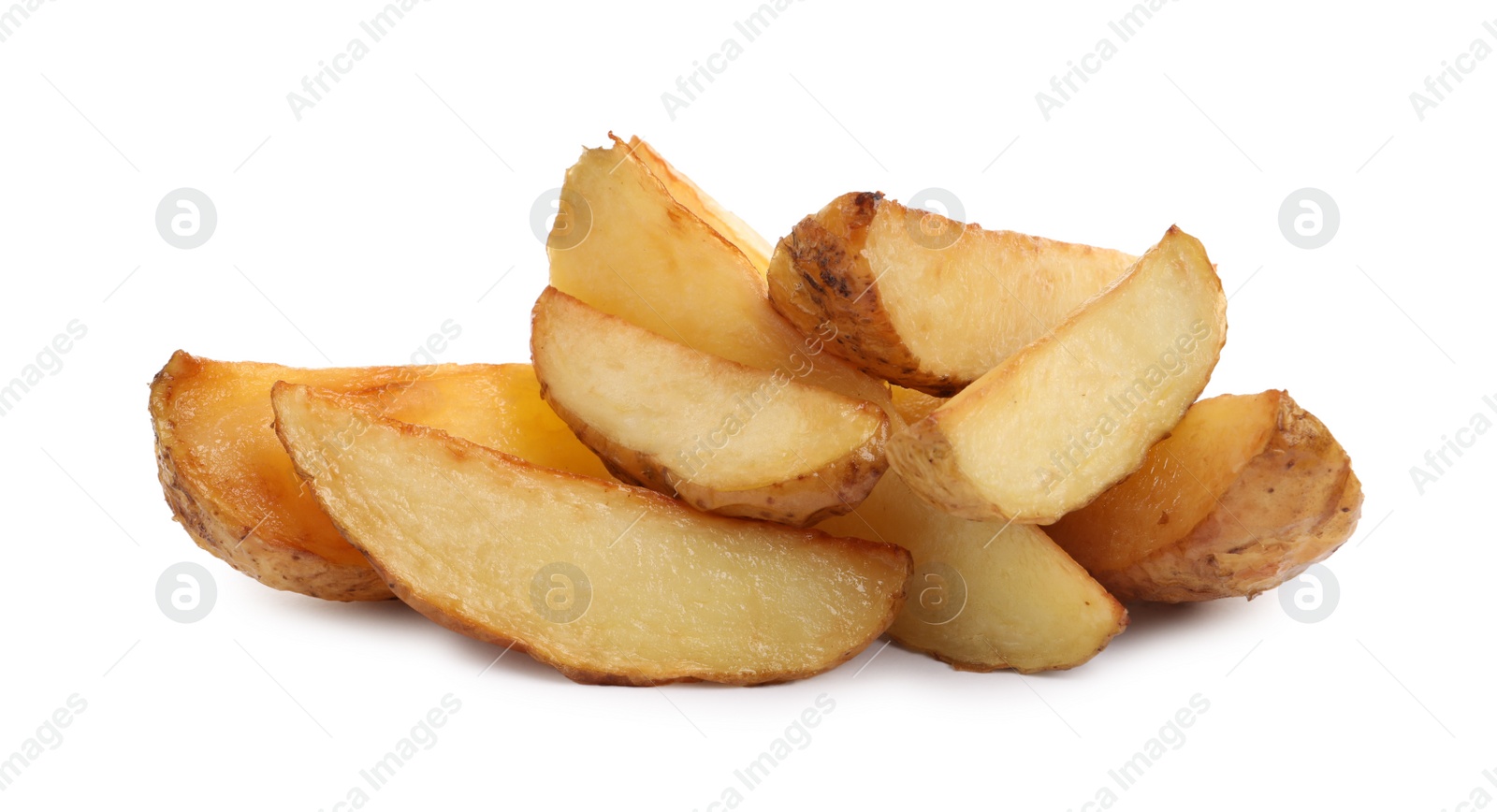 Photo of Tasty baked potato wedges on white background