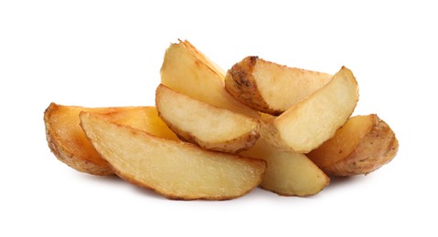 Tasty baked potato wedges on white background