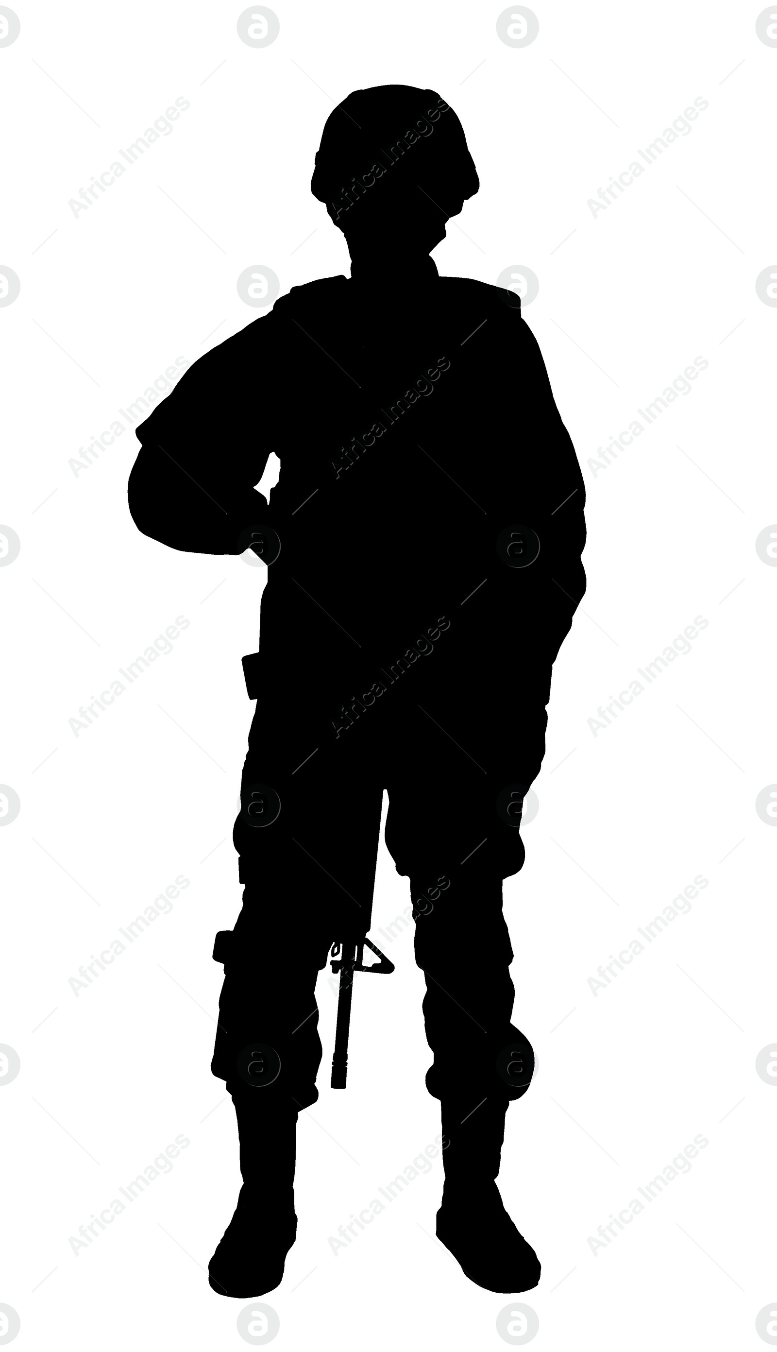 Image of Silhouette of soldier with assault rifle on white background. Military service