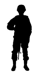 Silhouette of soldier with assault rifle on white background. Military service