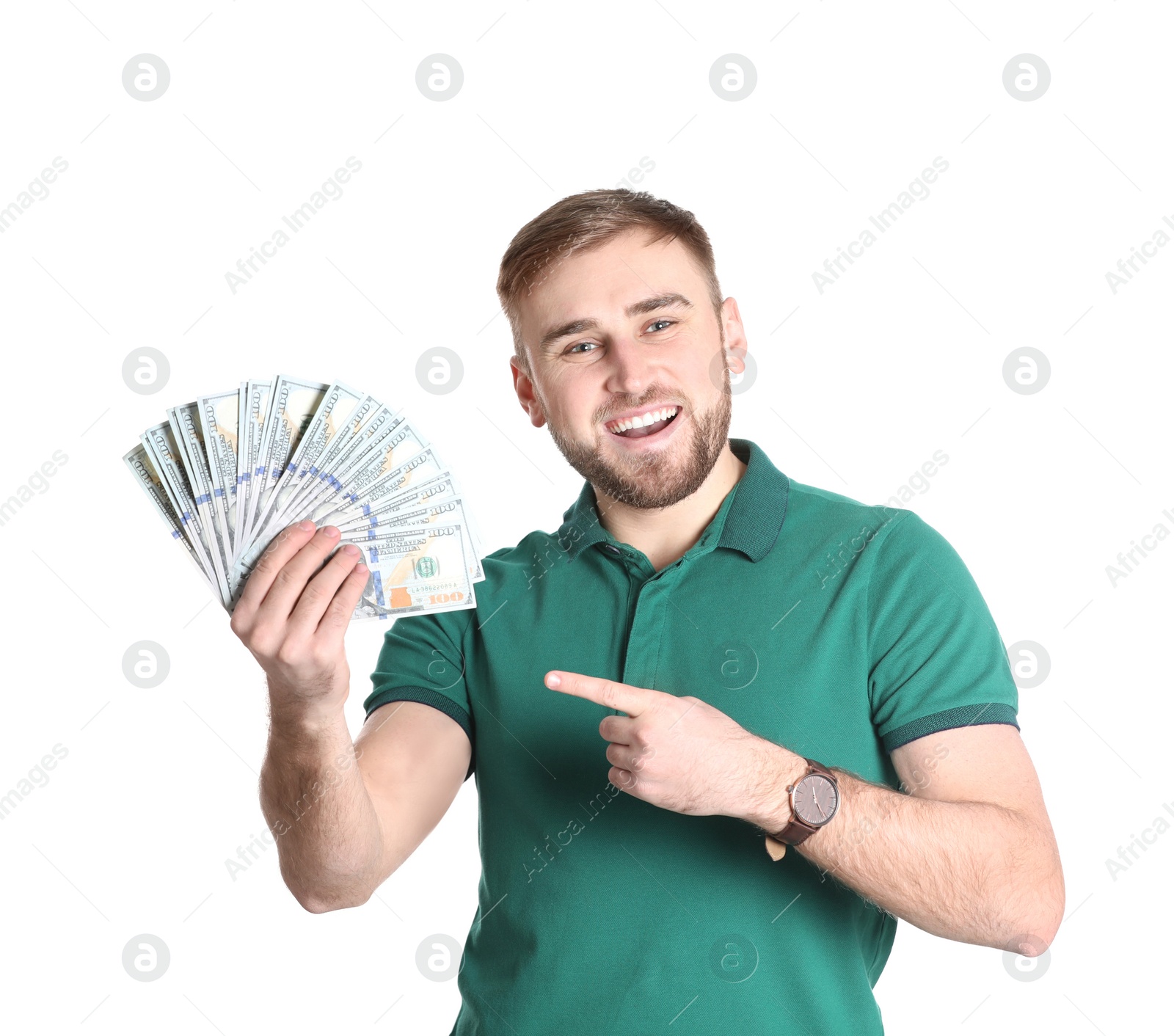 Photo of Portrait of young man holding money banknotes on white background