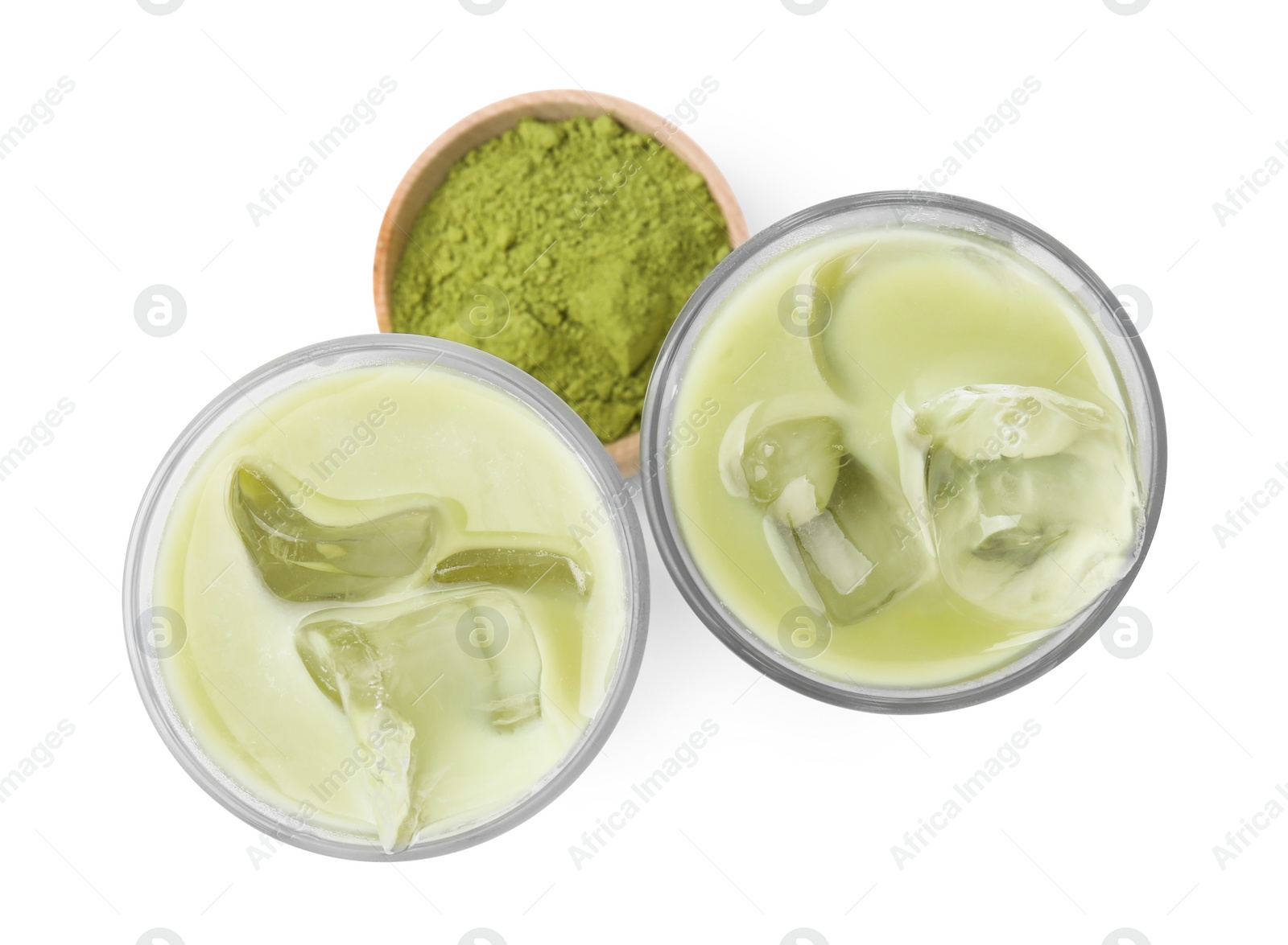 Photo of Glasses of tasty iced matcha latte and powder isolated on white, top view