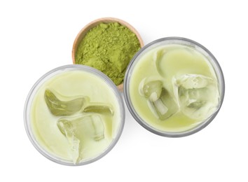 Glasses of tasty iced matcha latte and powder isolated on white, top view