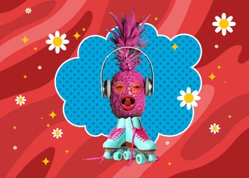 Hype, creative artwork. Pink pineapple with headphones and roller skates eating candy
