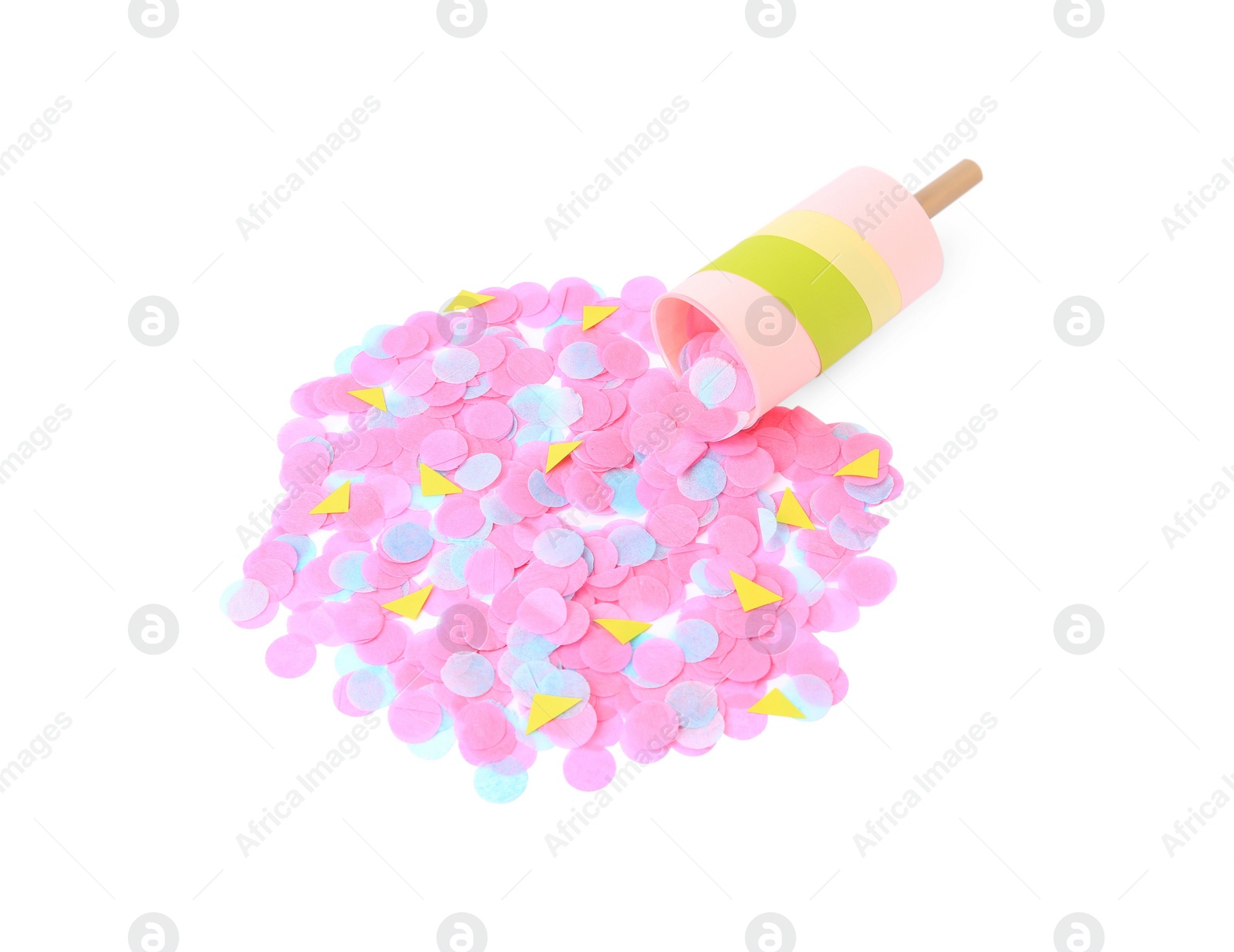 Photo of Colorful confetti with bright party cracker isolated on white, above view