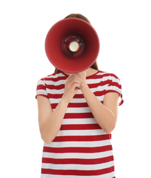 Photo of Young woman with megaphone on white background