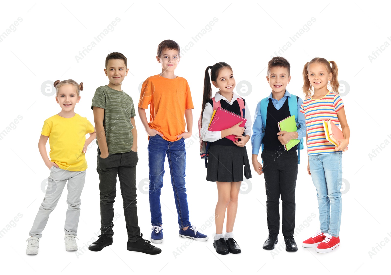 Image of Group of cute school children on white background