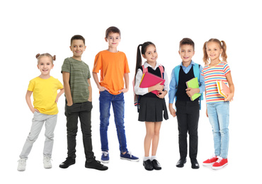 Image of Group of cute school children on white background