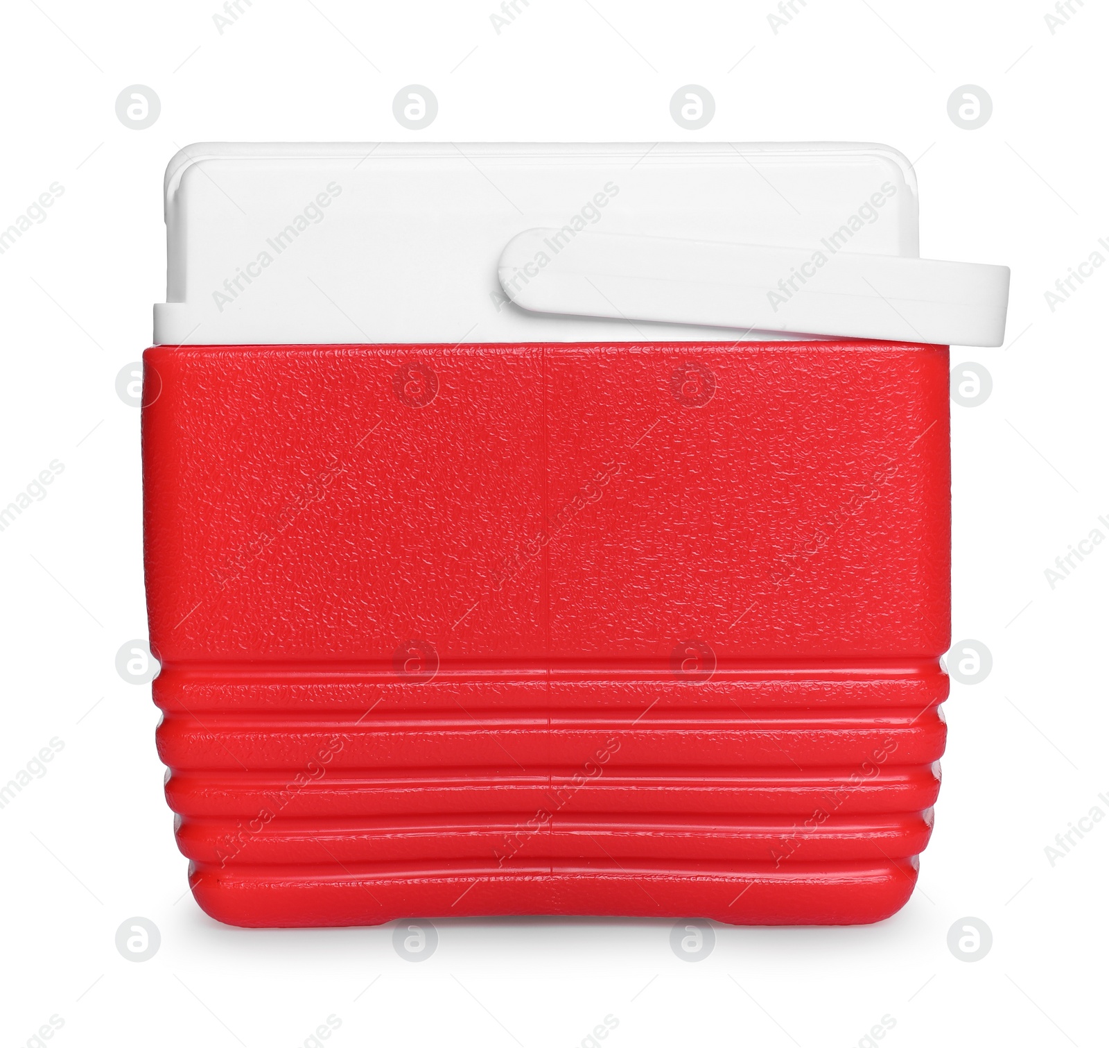 Photo of Red plastic cool box isolated on white