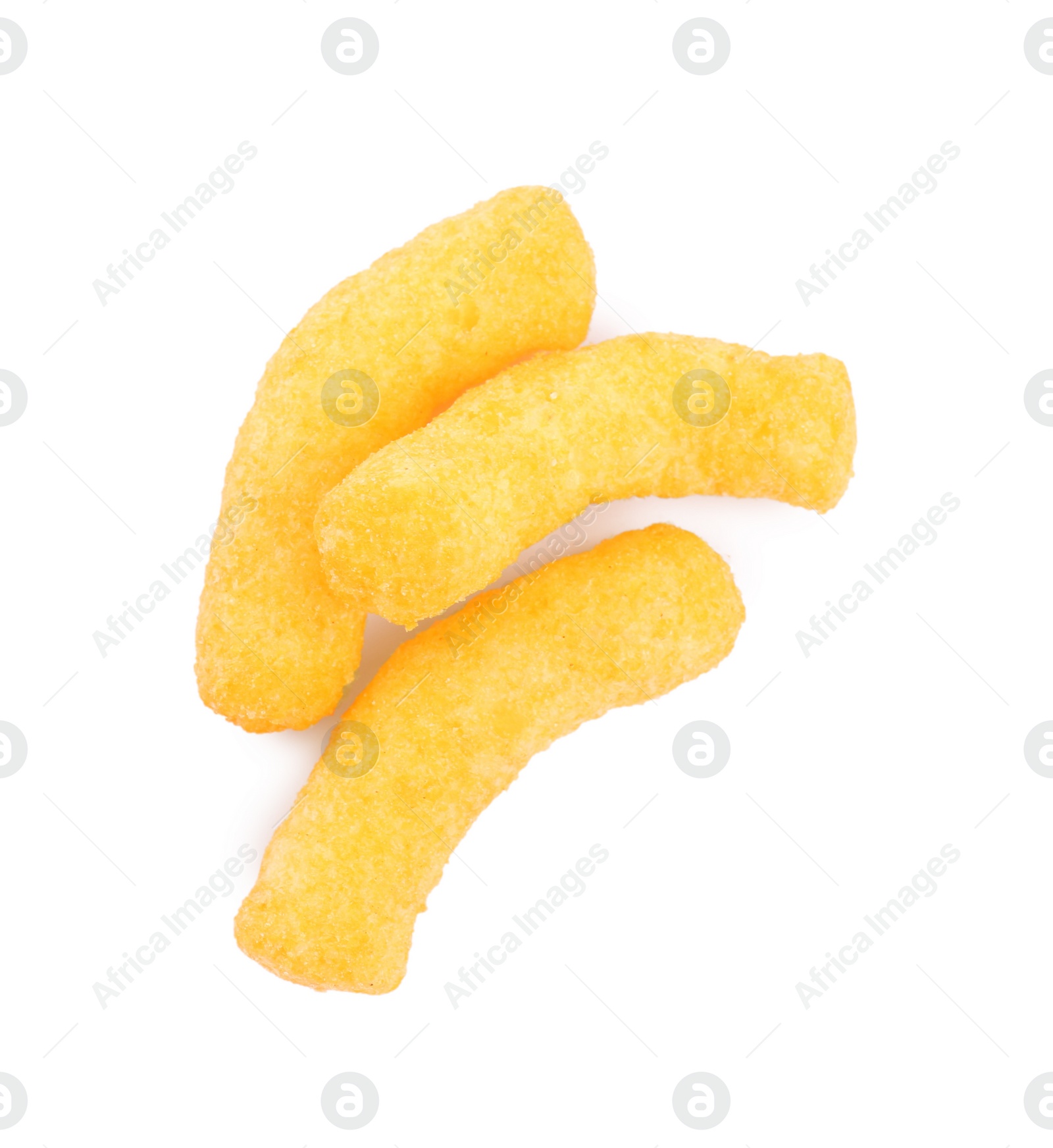 Photo of Tasty cheesy corn puffs isolated on white, top view
