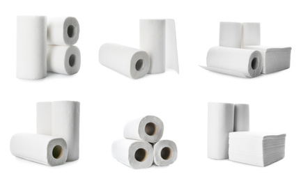 Set with rolls of paper tissues isolated on white