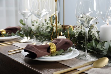 Stylish elegant table setting for festive dinner indoors