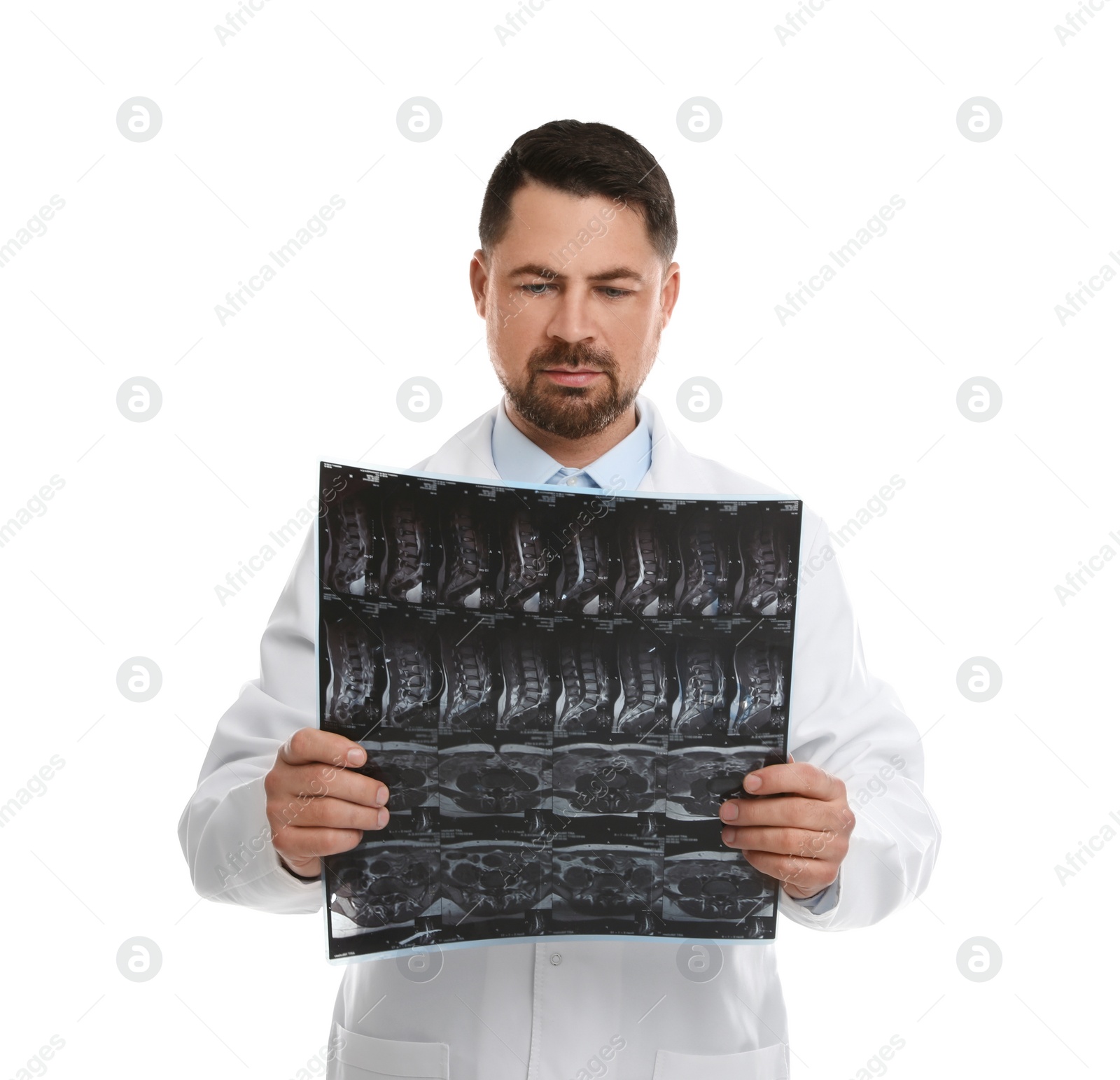 Photo of Orthopedist holding X-ray picture on white background