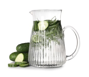 Photo of Refreshing cucumber water with rosemary in jug isolated on white