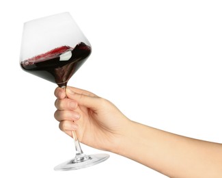 Woman with glass of wine isolated on white, closeup