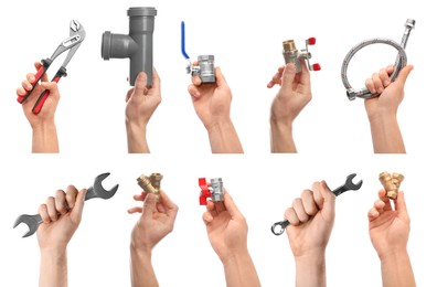 Collage with photos of men holding different plumbing tools on white background