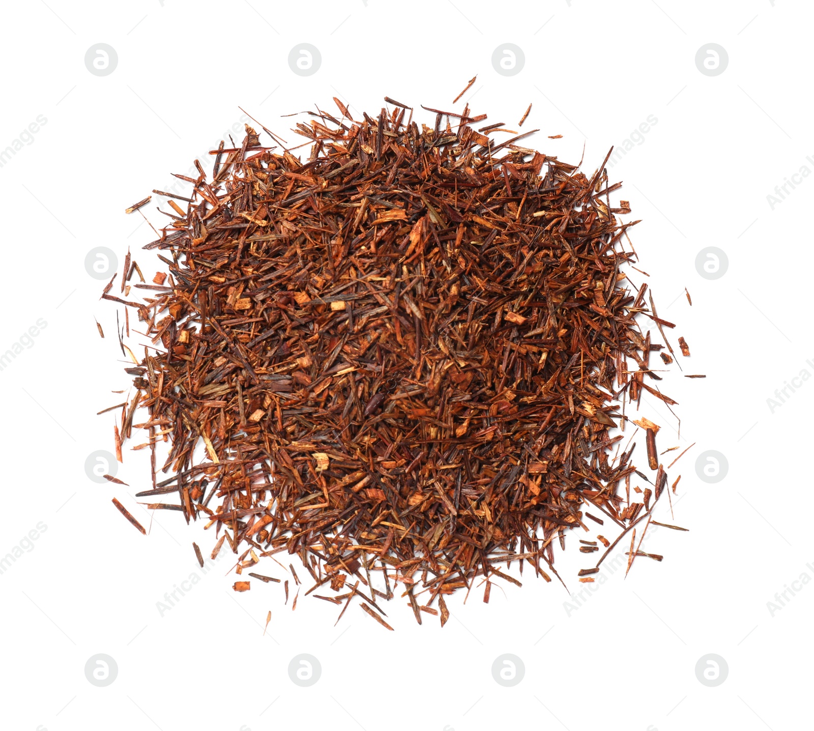 Photo of Heap of rooibos tea isolated on white, top view