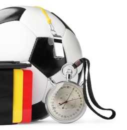 Photo of Football referee equipment. Soccer ball, stopwatch, cards and whistle isolated on white