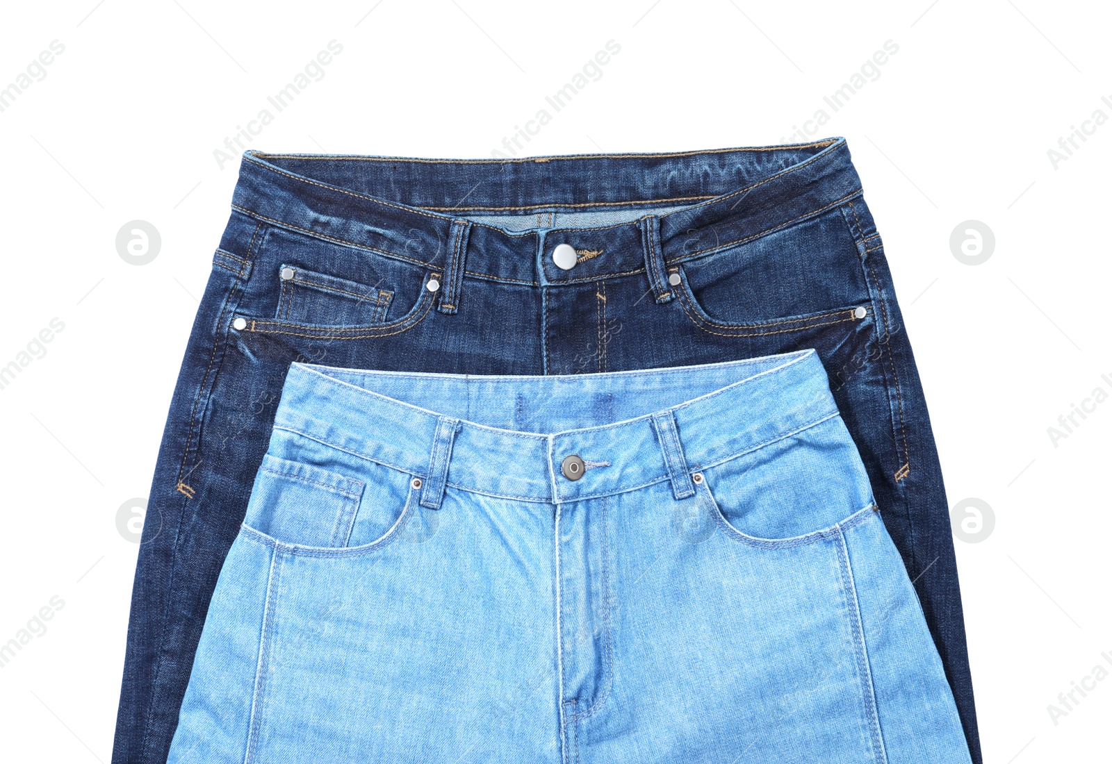 Photo of Stylish jeans isolated on white, top view